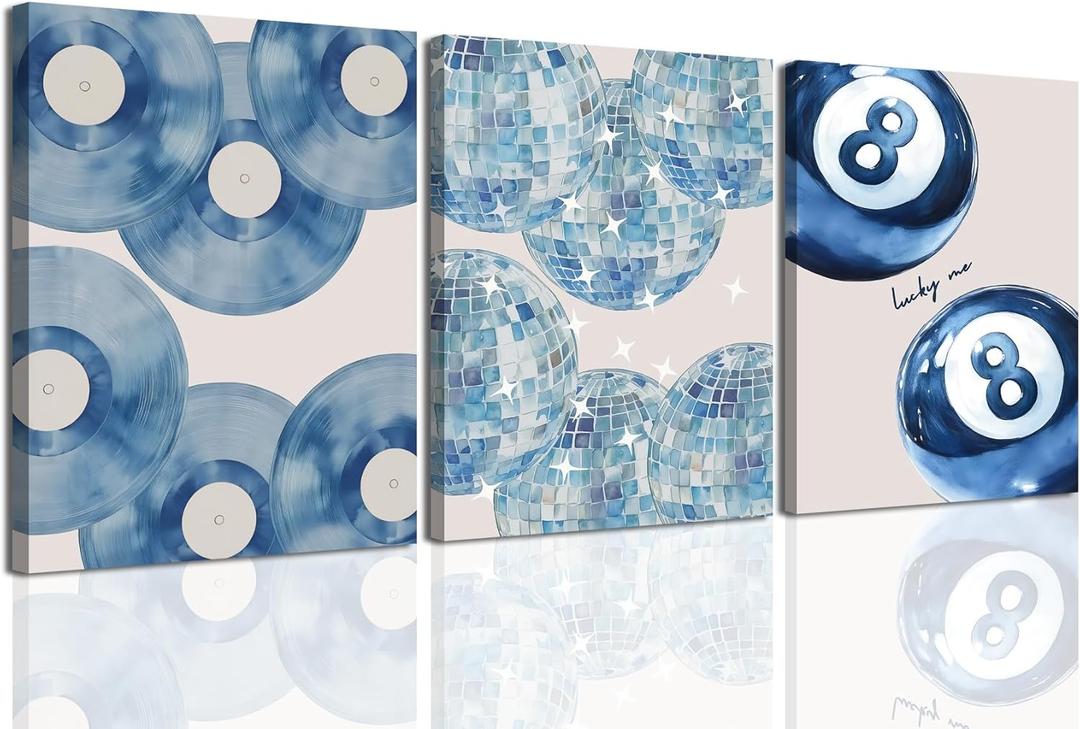 Trendy Blue Wall Art Set of 3, Preppy Navy Blue Wall Decor, Coquette Disco Lucky Me 8 Ball Poster Canvas Prints Aesthetic Pictures for Teen Girls Bedroom Living Room Dorm 16x24 inch Framed