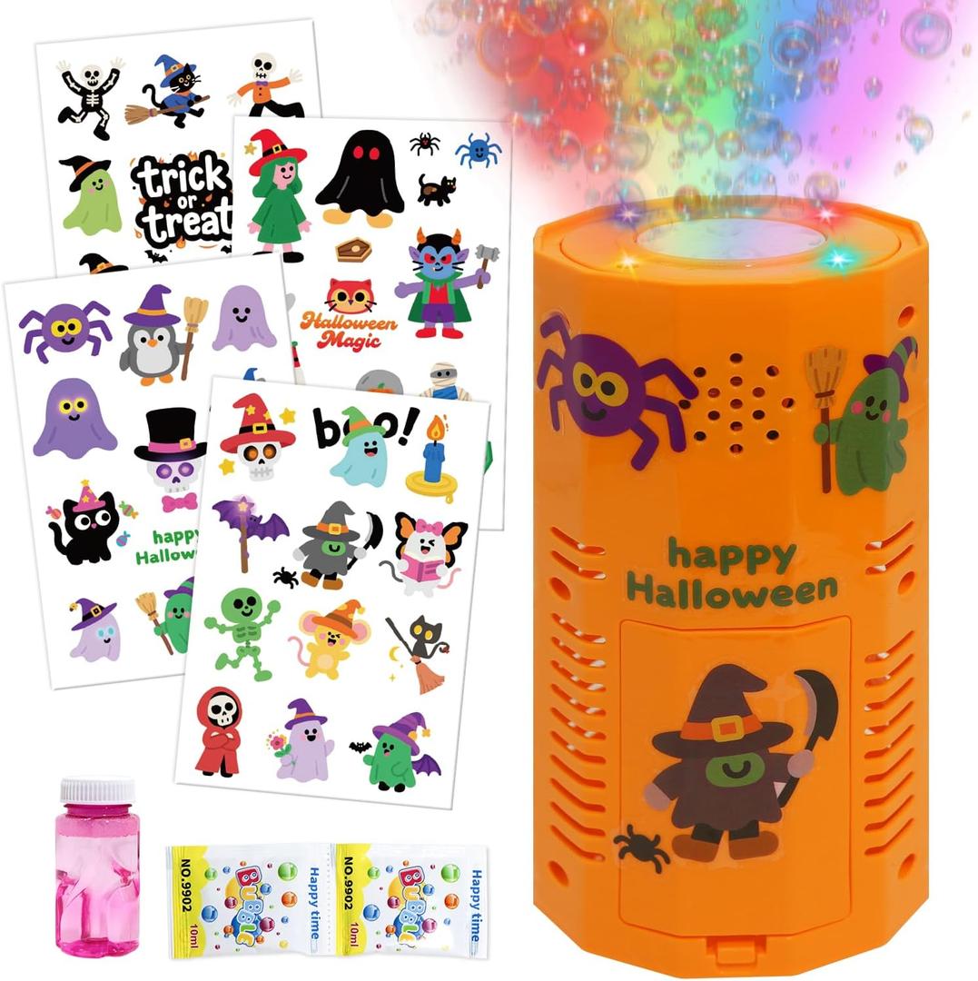 Halloween Bubble Machine, Automatic Fireworks Bubble Blower with Spooky Sound & Dazzling Lights, Portable Bubble Maker Toys with DIY Stickers for Kids Halloween Party Fun (Halloween)