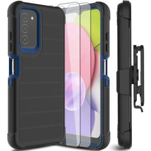 for Samsung Galaxy A03S Phone Case with Tempered Glass Screen Protector, [Holster Series] Belt Clip Hard Tough Full Heavy Duty Rugged Military Shockproof Armor Cell Phone Cover (Black)