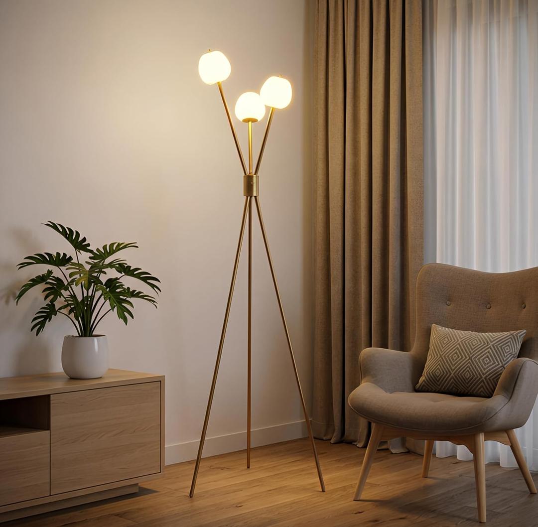 Fiqevs Dimmable Tripod Floor Lamp for Living Room, 3 Globe Modern Gold Floor Lamp with Elegant Frosted Sphere Glass Shade and LED Bulbs, Standing Tall Lamp for Bedroom, Office - Antique Brass
