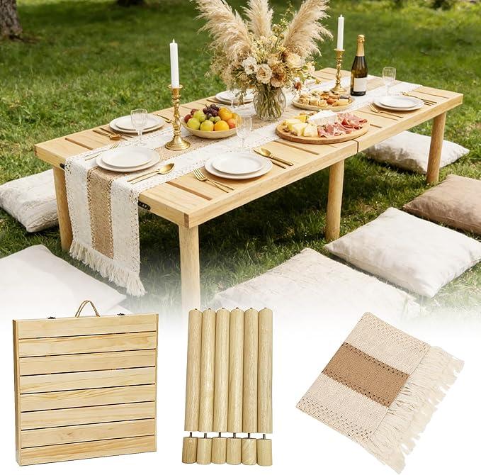 Gereat 60" X 30" Boho Low Picnic Table, Portable Wooden Picnic Table with 3 Adjustable Heights, Natural Pine Wood Floor Table for Camping, Weddings, Beach & Family Gatherings, Seating for 6-8 People