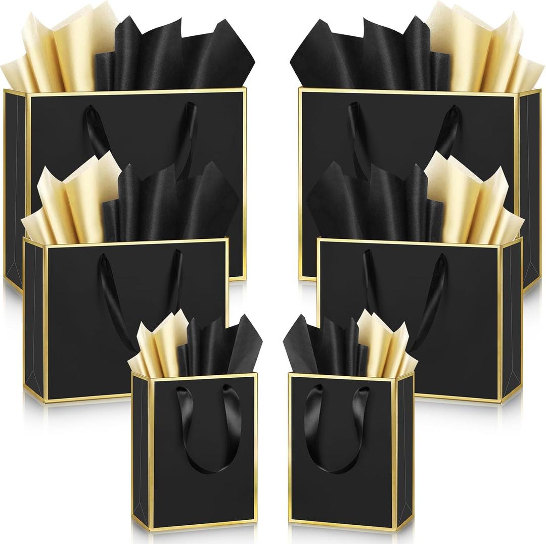 Yeaqee 12 Sets Metallic Paper Gift Bags with Handle Tissue Paper Include 8", 10", 13" Thank You 5 Senses Gift Bags for Him Her Valentines Birthday Wedding Groomsmen Bridesmaid Favor(Black, Gold)