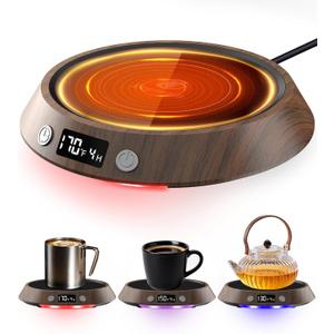 Kepwam Coffee Mug Warmer - 50W Electric Coffee Warmer for Desk 3 Temp Settings & 2-9 Timer Smart Cup Warmer for Desk Candle Warmer Plate with LED Lights Beverage Tea Milk Warmer for Home & Office (Wood)
