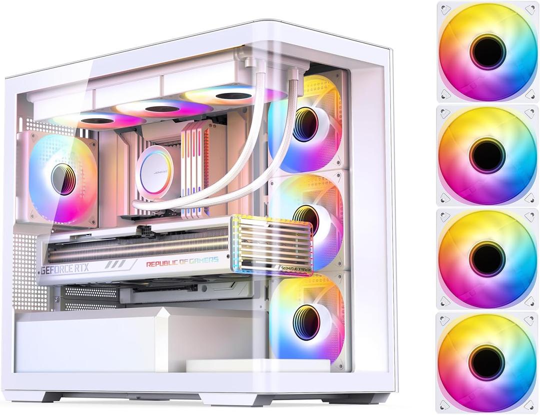 JONSBO D300 White Micro-ATX Tower Pc Case,​One-Piece Glass Panel AO270 Deg View, MATX Back Plug-in BTF Motherboard, Support 360 AIO, 40-Series GPU,with Fans 4PCS (3 Reverse +1 Positive) White