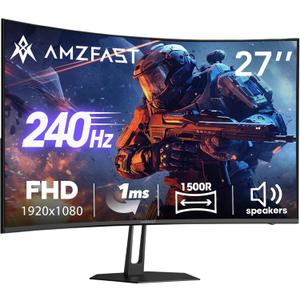 Amzfast 27 inch 240Hz Curved Monitor, FHD 1080p Gaming Monitor, Built-in Speakers, FreeSync, MPRT 1ms, 130% sRGB, 4000:1, 1500R, VESA Mount, HDMI 2.0&DP 1.4, Exchange