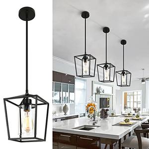1-Light Black Pendant Light Fixture Farmhouse Iron Cage Metal Pendant Light Lantern Hanging Light Fixtures with Clear Glass Shade for Kitchen Island, Entryway, Dining Room, Hallway 5.9*5.9*8.27IN 3 Pack