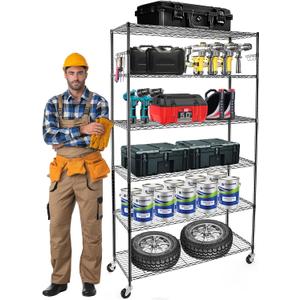 YNN Storage Shelves,2100Lbs 6 Tier Heavy Duty Metal Rolling Shelving Unit with Wheels & 8 Hooks, Adjustable Garage Wire Rack for Kitchen, Bathroom,Industrial,Pantry(36" W x 14" D x 72" H,Black)