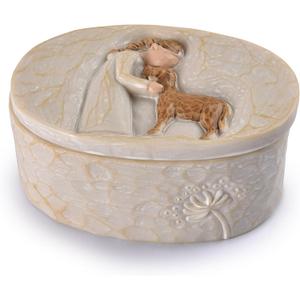 Resin Keepsake Box Oval 3.82 Inch, Memorial Trinket Box for Dog Ashes Pet Hair Collar Tag, Engraved Girl with Puppy Design, Small Decorative Storage for Photo Jewelry Memento
