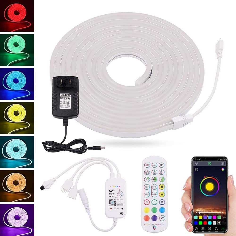 WiFi RGB LED Neon Strip Lights, 12V Color Changing WX300P Neon Light Bar, SMD 3535 96 LEDs/M IP67 Waterproof 6.6ft/2M Outdoor Flexible LED Rope Sign Tupe Light with Remote Control/Power Adapter (RGB (Red, Green, Blue))