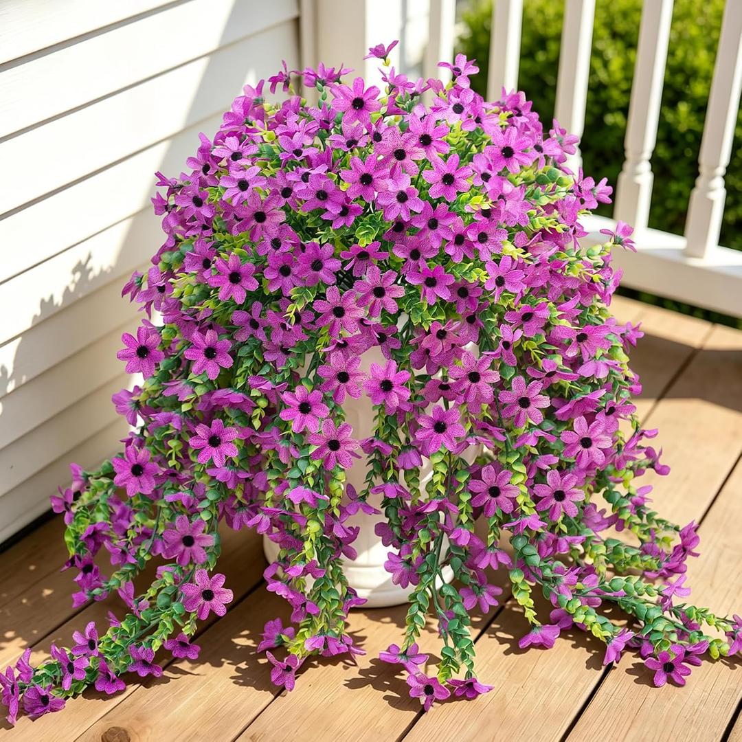Fake Artificial Hanging Flowers for Outdoors Fake Plants Decoration, 2 Bundles Faux Silk Colorful Daisy Eucalyptus Realistic UV Resistant for Outside Home Planter Porch Patio Yard Decor(Purple)