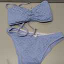 ZAFUL Women's Strapless Bikini Openwork Textured Bow Ruched Lace Up High Cut Bandeau Swimsuit Bathing Suits, Small, Blue