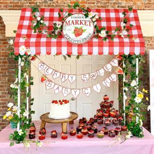 8 Pcs 48" x 55" Strawberry Stand Kits Hut Decor (Without Table) Include Shelf Banner Roof Pennant Tablecloths LED Lights Artificial Flowers for Photo Props Farmer Market Strawberry Party Decor