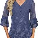 Rapbin Women Dressy Blouse 3/4 Sleeve Tiered Bell Sleeve Double Layers Mesh Shirt Trendy Flowy Tunic (X-Large, A2 Blue Floral)