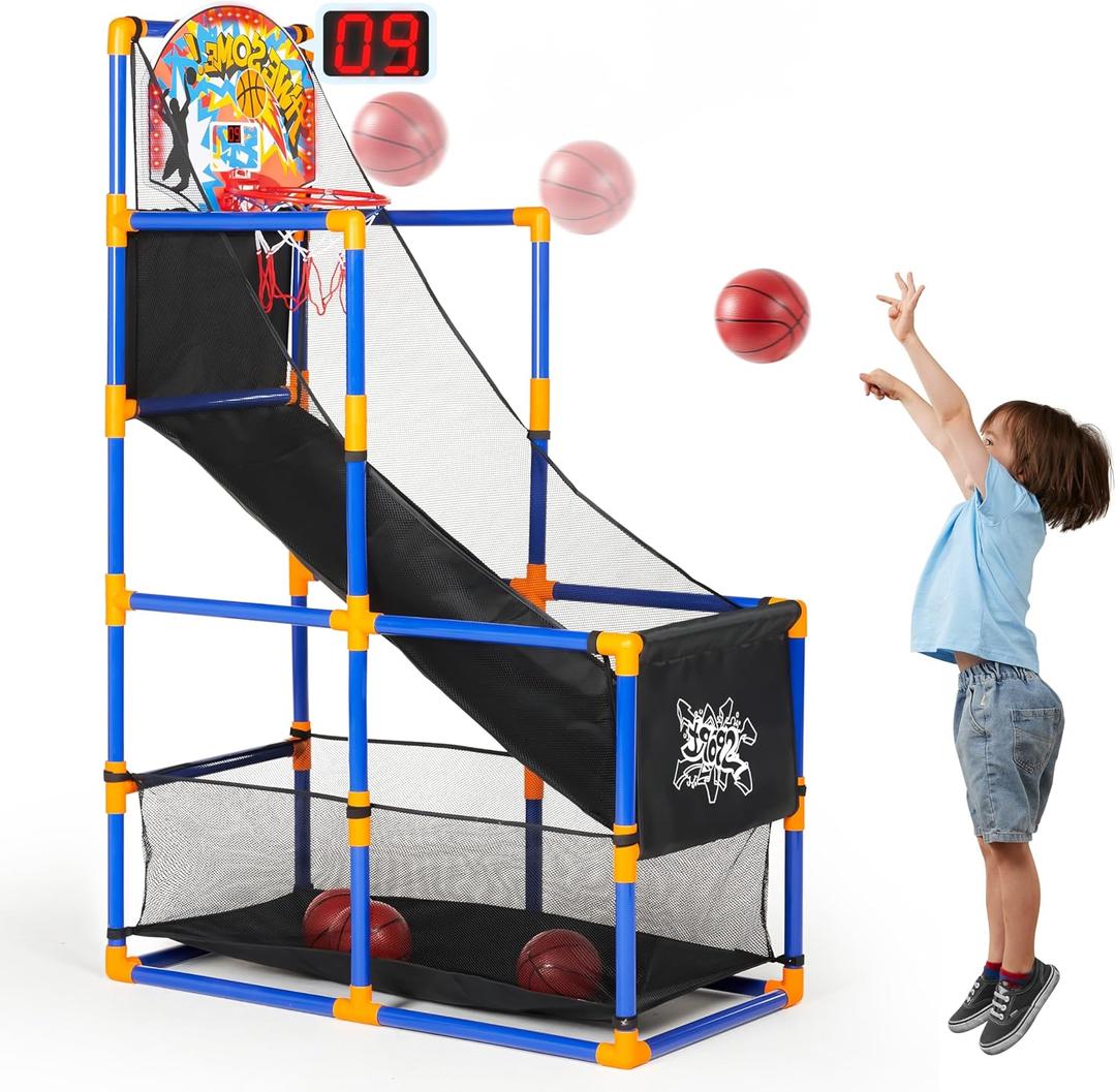 JOYIN Sports Toy LED Lightscore Arcade Basketball Game Set for Kids Ages 3–12– Includes Electronic Scoreboard, Cheer Sound Effects, 4 Balls & Hoop | Indoor/Outdoor for Kids | Easy to Assemble