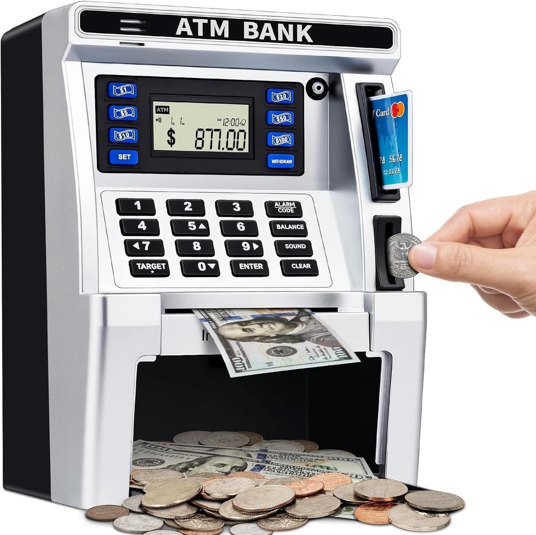 ATM Piggy Bank for Kids, ATM Machine for Real Money with Debit Card, Bill Feeder, Coin Recognition, Balance Calculator, Electronic Savings Safe Box, Gifts for Teen Boys Girls (Black)