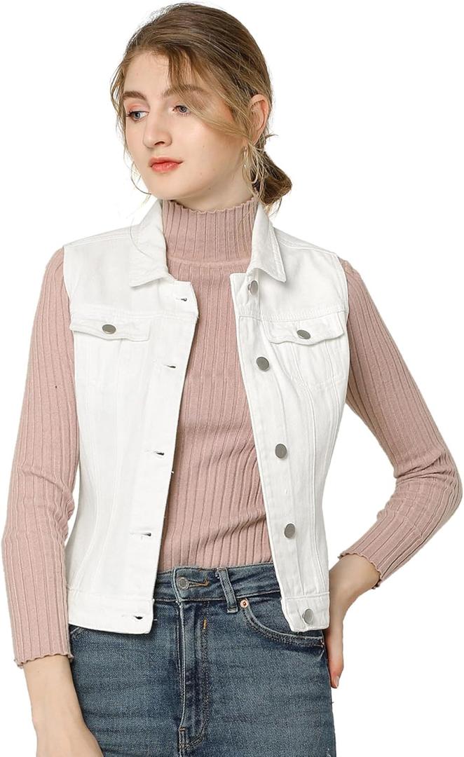 Allegra K Women's Buttoned Washed Denim Vest Jacket W Chest Flap Pockets (Large)