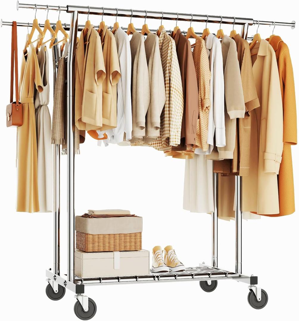 HYSEYY Heavy Duty Clothes Rack, Rolling Clothing Rack for Hanging Clothes with Shelves Load 700LBS,Portable Garment Wardrobe Closet Rack with Wheels for Bedroom,Laundry Room,Retail Store,Silver, 25.59"D x 61.3"W x 63.31"H