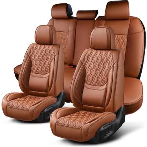 Car Seat Covers Full Set, Breathable Leather Automotive Front and Rear Seat Covers, Car Seat Protectors Full Set,Universal Automotive Vehicle Seat Cover for Most Sedan SUV Pick-up Trucks, Brown