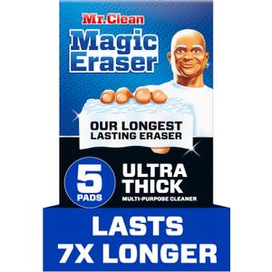 Mr. Clean Magic Eraser Sponge, All Purpose Cleaner, Long Lasting Cleaning Scrubber, Wall Cleaner, Sneaker Cleaner, Oven Cleaner, Kitchen, Bathroom, Shower Cleaning Supplies, Ultra Thick, 5ct
