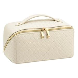 VERNASSA Large Capacity Travel Makeup Bag for Women, Waterproof Portable Cosmetic Bag with Compartments, Foldable Flat Lay Design for Easy Access, Perfect for Toiletries & Beauty Essentials (White)