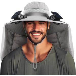 Chuarry Wide Brim Sun Hat with 2 Solar Fans and Neck Flap Outdoor Solar Powered USB Charging Bucket Fishing Hat for Men Women