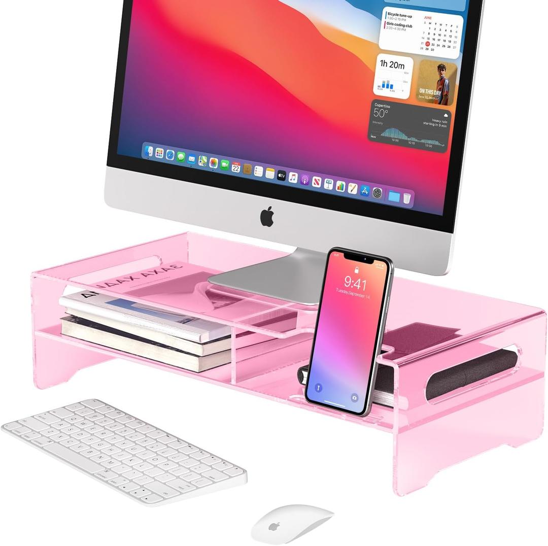 Pink Acrylic Monitor Stand Riser, 2-Tier computer stand with Storage, clear monitor stand for desk Suitable for laptops, printers, TVdesk organization With phone holder