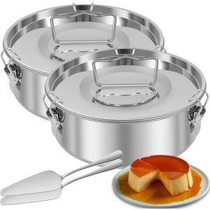 2 Pack Flan Pan Mold with Lid and Spatula 1.5QT Stainless Steel Molde Para Flan Molds Pans Containers for 6QT to 8QT Pot Baking with Water Bath 7.5 x 3 Inch
