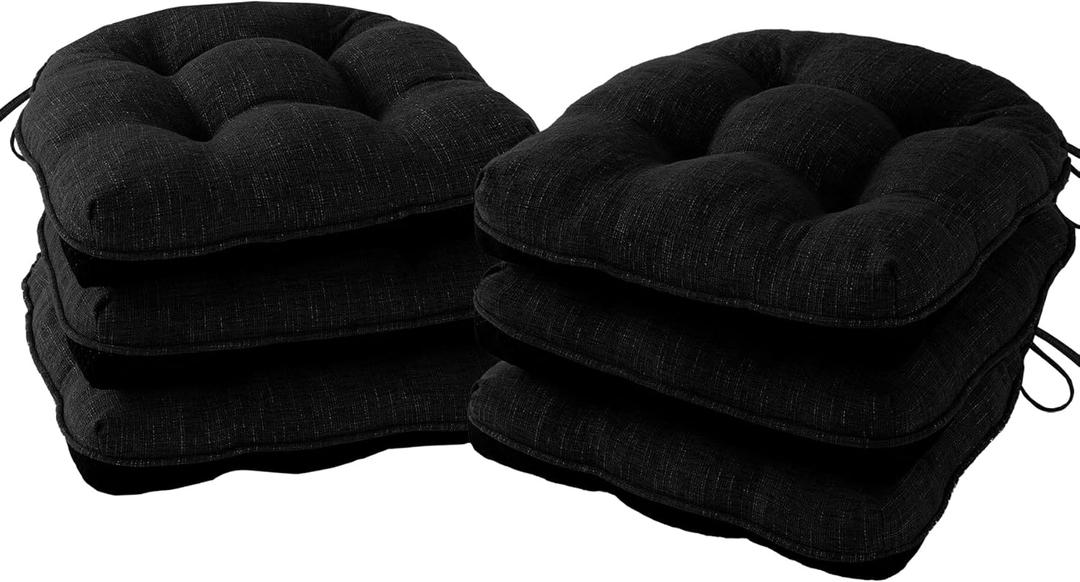 Chair Cushions for Dining Chairs Set of 6, Kitchen Chair Cushions, Chair Pads with Ties and Non Slip Backing, Tufted Memory Foam Seat Cushion 6 Pack, 15.5" x 15.5" x 4", Black