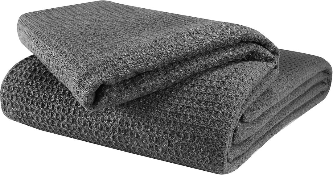 Glamburg 100% Cotton Thermal Bed Blanket, Twin Size, Soft Waffle, All Season, Charcoal (Twin (60"x90"))