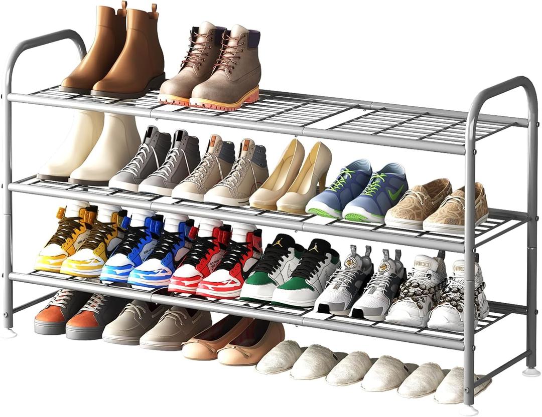 LINZINAR Shoe Rack 3 Tier Long Metal Shoe Organizer for Closet Entryway Grey