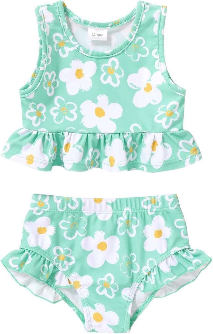 YOUNGER TREE Toddler Baby Girls Summer Swimsuit Sleeveless Striped Swimwear Two-Piece Suit Beach Bikini (4-5T, Green Floral Swimsuit)