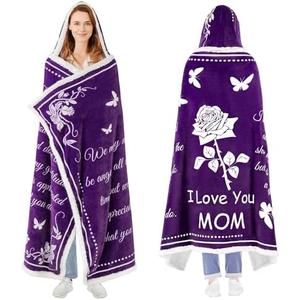 Mothers Day Gifts for Mom, Wearable Hoodie Blanket for Birthday Gift, Mom blanket Gifts from Daughter, Son, Husband, Sherpa Fleece Mother Blankets, Soft, Wife, Mama, purple Size 50/70