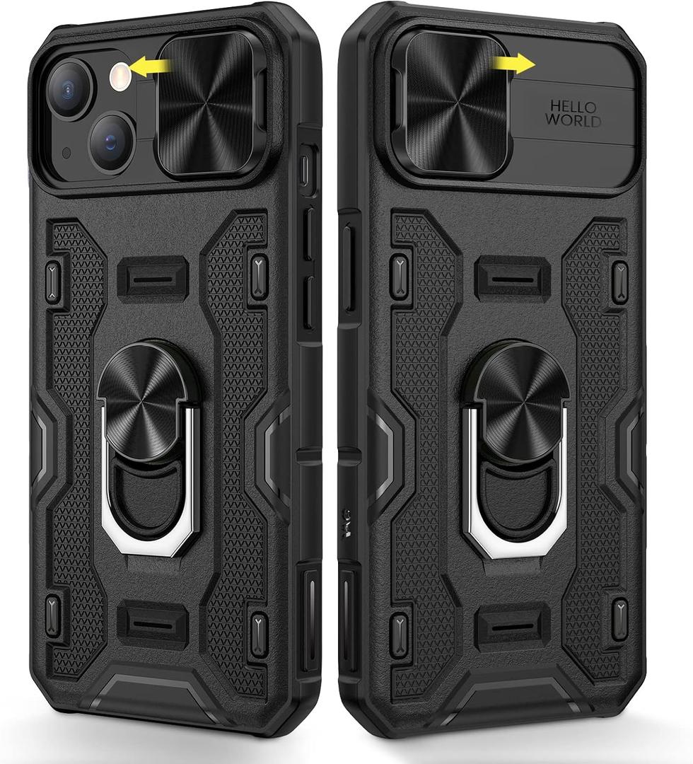 Caka for iPhone 14 & 13 Case with Camera Cover & Kickstand - 360 Rotate Ring Stand - Heavy Duty Protective Cover - Black