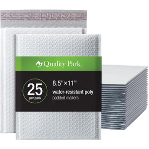 Quality Park Bubble Mailers, 8.5 x 11 Shipping Envelopes, Water Resistant White Poly Padded Envelopes, Redi-Strip Peel Off Closure, 25/Box (QUA85859)