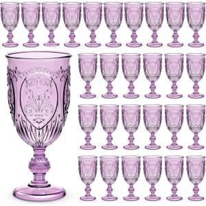 Wiwiqing 48 Pcs Plastic Goblets 7.5oz Vintage Goblet Plastic Wine Glasses Colored Retro Embossed Water Goblets for Wine Bar Juice Baby Shower Wedding Reception Grand Event Party (Purple)