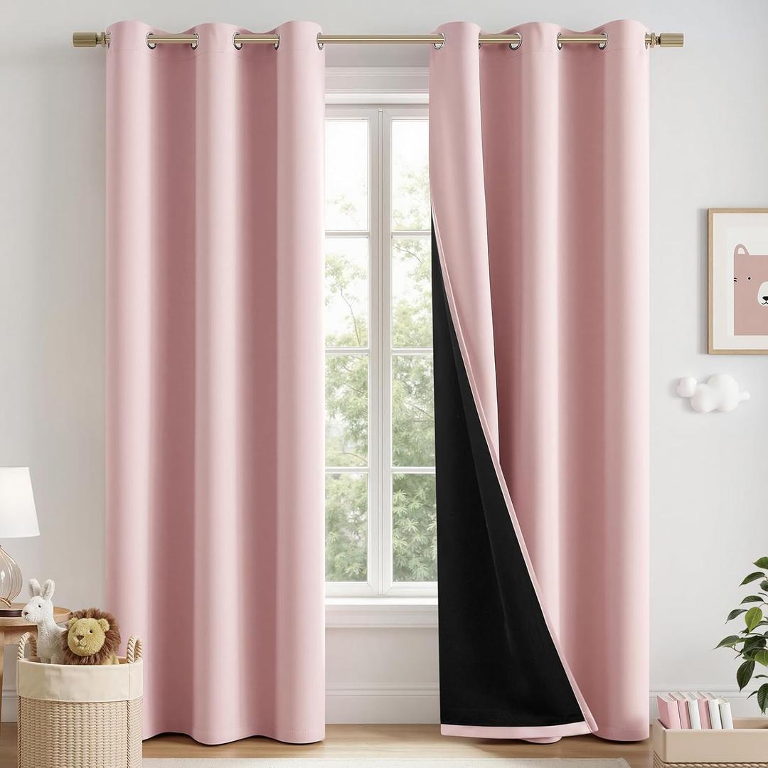 MIULEE Baby Pink 100% Blackout Curtains for Girls Bedroom 72 Inch Long, 2 Thick Layers Thermal Insulated Nursery Black Out Window Curtains with Black Liner, Noise Reducing Living Room Drapes 2 Panels