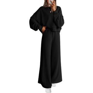 PRETTYGARDEN Women 2 Piece Outfits 2026 Fall Sweatsuits Crewneck Sweatshirt Wide Leg Sweatpants Lounge Sets Tracksuit (Black, M)