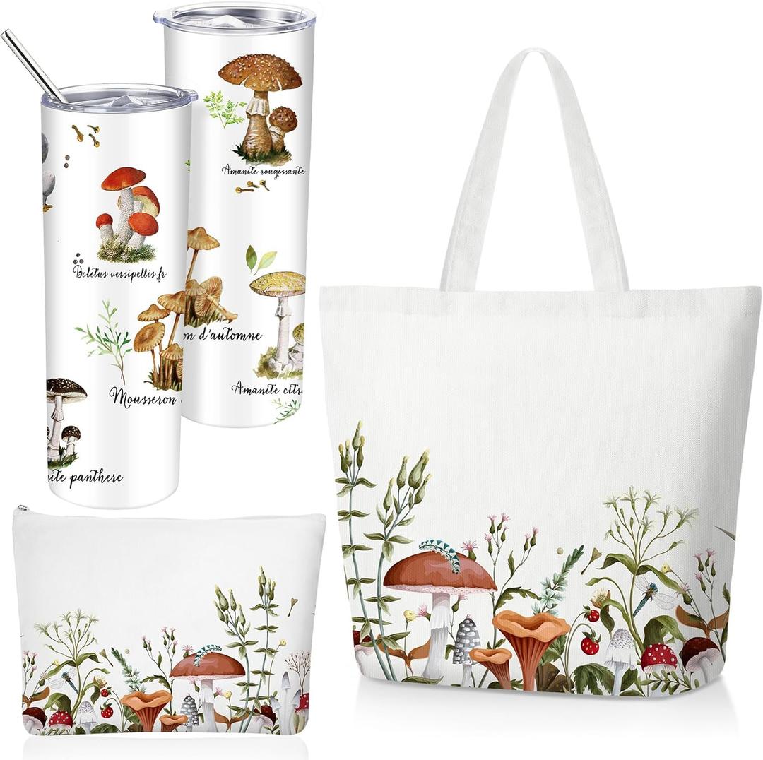 3 Pcs Plant Lover Tote Bag Gifts for Women 20oz Stainless Steel Tumbler with Straw Lid Makeup Bag for Teacher (White)