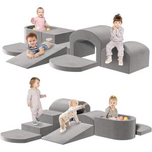Indoor Toddler Climbing Toys with Foam Ball Pit, 7-Piece Foam Climbing Blocks for Toddlers, Inside Crawling & Sliding Soft Play Set for Toddlers (Grey Dark)