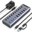 Powered USB Hub, 10-Port USB C Hub with 6*USB-A 3.2, 2*USB-C 3.2 and 2*PD 45W Charging Ports Individual Switches and 24V/3A Power Adapter, USB Extension for MacBook, PC and More.