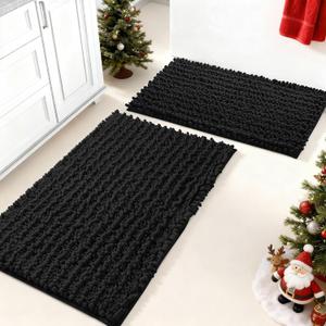 Yimobra Bathroom Rugs Sets 2 Piece - Quick Dry Extra Thick Luxury Chenille Bath Mat, Non Slip Super Absorbent for Tub Shower Sink, Machine Washable Shaggy Floor Mat, 32"x20"+24"x17" Inch, Black