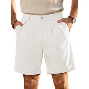 JEMLDL Men's Cotton Linen Shorts 7.5" Casual Pleated Summer Vacation Beach Elastic Waist Shorts with Pockets (White, M)