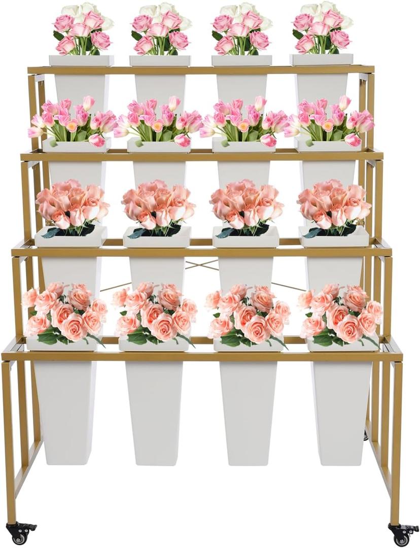 4 Layers Flower Display Stand with 16 Buckets Plant Stand with Wheels Heavy Duty Moving Flower Rack Cart Outdoor Floral Holder for Bar Patio Garden Florist (Gold Shelf & White Square Buckets)