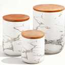 JOJUNO White Ceramic Canister Set with Bamboo Lid  3-Piece Airtight Food Storage Jars for Kitchen Counter  Glossy Marble Design, Ideal for Flour, Sugar, Coffee, Tea, Spice  Small, Medium, Large