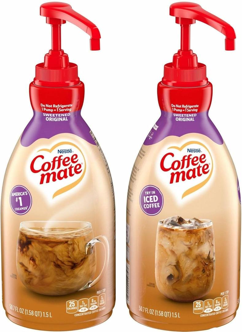 Coffee mate Sweetened Original Liquid Creamer Pump Bottle - Gluten-Free - Sweetened Original Flavor - 50.72 fl oz (1.50 L) - 2/Carton - 300 Serving BB Jul 2026