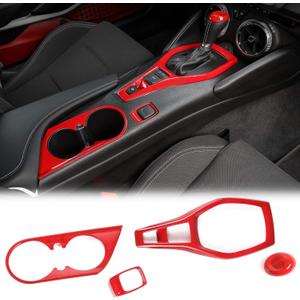 Voodonala for Chevy Camaro Interior Kits Gear Panel Cover Cup Holder Cigerate Lighter Decoration Cover Compatible with Chevrolet Camaro 2017-2023 (Red,4Pcs,ABS)