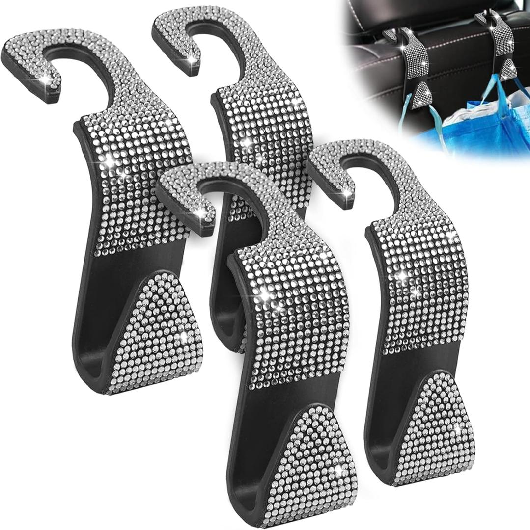 4 x Sparkling Car Seat headrest Hooks, 4 Pack, White Purse Holder for Car Headrest, Chic Automotive Accessories for Women Essentials Handbag Clothes Coats Grocery Bags
