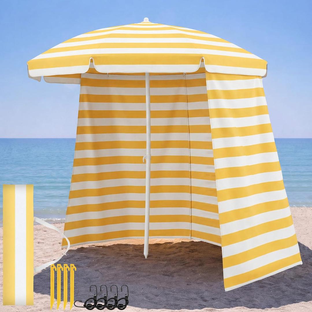 6.5 ft Beach Umbrella for Sand Portable Yellow White Sun Protection Umbrella UV 50+ Large Heavy Duty Folding Wind Resistant Beach Sunshade with Carry Bag for Summer Pool Patio Outdoor