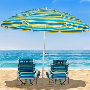 6.5ft Outdoor Beach Umbrellas UV 50+ Protection Windproof Portable Patio Umbrella for Sand Heavy Duty Beach, Garden Sunshade Umbrella with Push Button Tilt, Sand Anchor (Blue Green Stripe)