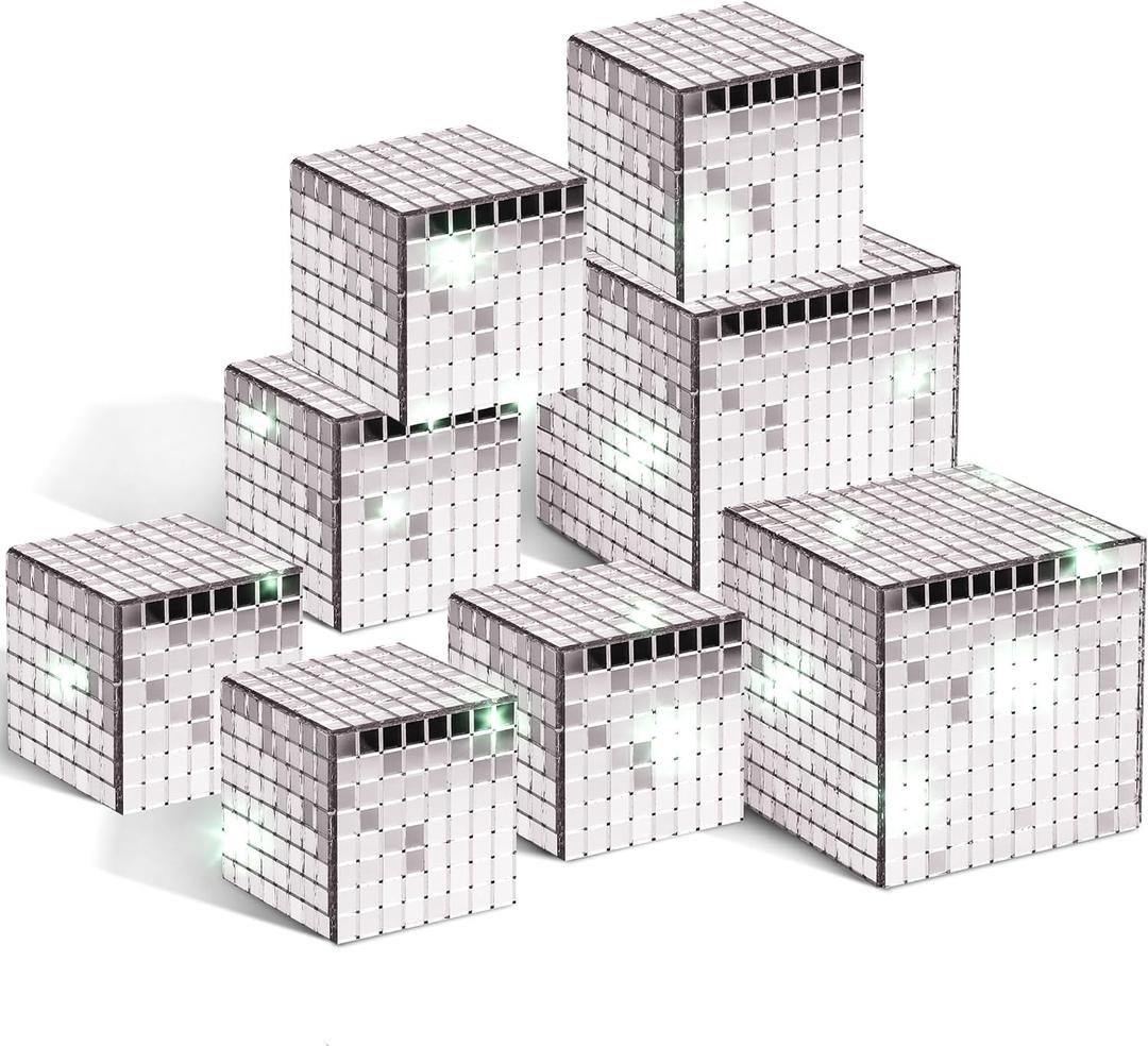 8 Pcs Mirror Disco Reflective Cube Party Stage Decorations Silver Mosaic Light Effect 70s Decoration Glitter Christmas Tree Wedding Holiday Festivals Table Ornaments